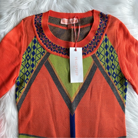 NWT Peachpuff USA Orange Multi Color Geo Retro Sweater Dress, S - Picture 3 of 7